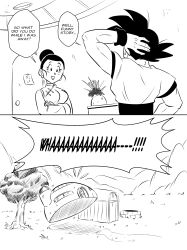 Rule 34 | 1boy, 1girl, absurdres, arm behind head, chi-chi (dragon ball), chinese clothes, comic, commentary, crossed arms, door, dougi, dragon ball, dragonball z, earrings, english commentary, english text, funsexydb, greyscale, hair bun, highres, house, husband and wife, jewelry, monochrome, mountain, muscular, muscular male, note, open mouth, paper, single hair bun, smile, son goku, tree, vase, well, wristband