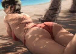 Rule 34 | 1girl, ano (gccx8784), ass, back, beach, bikini, black hair, blue eyes, blurry, blurry background, breasts, closed mouth, day, from behind, highres, lying, medium breasts, on stomach, original, outdoors, red bikini, sand, short hair, solo, swimsuit, tan, tanline, thighs, wet