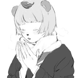 Rule 34 | 1girl, :3, alternate costume, animal ears, animal nose, blunt bangs, blush, breath, breathing on hands, closed eyes, commentary request, cupping hands, greyscale, hands up, highres, jacket, leaf, leaf on head, long sleeves, mizu&#039;24, mode aim, monochrome, open mouth, own hands together, ponpoko (vtuber), raccoon ears, raccoon girl, scarf, school uniform, serafuku, short hair, simple background, solo, upper body, virtual youtuber, warming hands