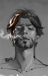 Rule 34 | 1boy, artist name, bare shoulders, beard, cassidy (overwatch), facial hair, lips, looking at viewer, male focus, overwatch, overwatch 1, parted lips, peter xiao, smoke, smoking, solo