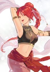 Rule 34 | armpits, bangle, bare shoulders, bracelet, braid, braided ponytail, breasts, dancer, dancing, fire emblem, fire emblem: the sacred stones, jewelry, kiyuu, large breasts, looking at viewer, midriff, navel, nintendo, open mouth, pantyhose, red eyes, red hair, tethys (fire emblem), upper body