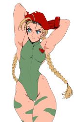 Rule 34 | 1girl, absurdres, ahoge, armpits, arms behind head, arms up, bare shoulders, blue eyes, braid, breasts, cammy white, camouflage, david liu, fingerless gloves, flat color, garrison cap, gloves, green leotard, hat, highres, huge ahoge, leotard, long hair, looking to the side, medium breasts, narrow waist, scar, serious, simple background, solo, street fighter, street fighter ii (series), street fighter iv (series), street fighter v, street fighter zero (series), thong leotard, twin braids, unfinished, white background