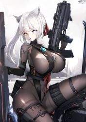 Rule 34 | 1girl, animal ears, armored boots, artist name, between breasts, black footwear, black gloves, blue eyes, bodystocking, boots, breasts, brooch, cat ears, clothes writing, covered erect nipples, covered navel, ear piercing, gem, gloves, heterochromia, highres, holding, holding weapon, impossible clothes, jewelry, knee boots, long hair, looking at viewer, mixed-language commentary, mouth hold, nekoya (liu), on one knee, original, piercing, ponytail, pouch, blue gemstone, silver hair, solo, thigh strap, thighs, trigger discipline, twitter username, underbust, weapon, white background, yellow eyes