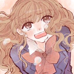 Rule 34 | 1girl, artist name, blazer, blue jacket, blush, bow, bowtie, brown eyes, collared shirt, crying, crying with eyes open, english text, flying teardrops, jacket, light brown hair, long eyelashes, long hair, looking at viewer, open mouth, original, pink background, red bow, red bowtie, shirt, sketch, solo, tears, teeth, twitter username, upper body, upper teeth only, urayaka, white shirt