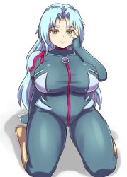 Rule 34 | 100 percent orange juice, 1girl, aqua bodysuit, arm at side, blue hair, blush, bodysuit, breasts, commentary, covered collarbone, english commentary, eyebrows, gluteal fold, hand on own face, highres, kneehighs, large breasts, long hair, looking at viewer, multicolored eyes, nav (itsnav), parted bangs, plump, rainbow eyes, seiza, shadow, simple background, sitting, smile, socks, solo, star breaker (orange juice), suguri, thick thighs, thighs, white background