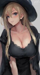 Rule 34 | 1girl, alternate costume, bismarck (kancolle), black dress, black hat, blonde hair, blush, breasts, cleavage, dress, grey background, grey eyes, hair between eyes, haruto (harut n), hat, kantai collection, large breasts, long hair, looking at viewer, parted lips, signature, simple background, solo, twitter username, upper body