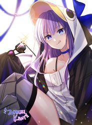 Rule 34 | 1girl, animal hood, armor, black jacket, blue eyes, blue ribbon, breasts, choker, closed mouth, collarbone, fate/grand order, fate (series), greaves, hair between eyes, highres, hood, jacket, kiwi (pixiv6429539), licking lips, long hair, long sleeves, looking at viewer, meltryllis, meltryllis (fate), meltryllis (swimsuit lancer) (fate), meltryllis (swimsuit lancer) (first ascension) (fate), penguin hood, purple hair, ribbon, sitting, sleeves past fingers, sleeves past wrists, small breasts, solo, sparkle, sunglasses, sunglasses removed, thighs, tongue, tongue out, very long hair
