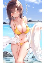 Rule 34 | 1girl, :3, bare shoulders, beach, bikini, breasts, brown eyes, brown hair, cleavage, collarbone, commentary request, day, eyes visible through hair, hand on own thigh, highres, large breasts, long hair, looking at viewer, naughty face, navel, nekomugiharu, notice lines, ootori hinako, original, outdoors, shawl, skindentation, smile, solo, standing, stomach, string bikini, sunlight, swimsuit, thighs, translated, water, wet, yellow bikini
