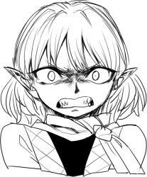Rule 34 | 1girl, angry, clenched teeth, greyscale, mizuhashi parsee, monochrome, pointy ears, portrait, scarf, scowl, sharp teeth, short hair, sketch, snarl, solo, spacezin, tears, teeth, touhou