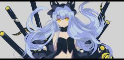 Rule 34 | absurdres, arms behind back, azur lane, bad id, bad pixiv id, bare arms, bare shoulders, belly, blue hair, cannon, choker, grey background, highres, huge filesize, juna (sir mfmf), lace, lace choker, letterboxed, long hair, looking at viewer, mechanical ears, observer alpha (azur lane), simple background, siren (azur lane), smile, solo, tentacles, yellow eyes