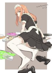 Rule 34 | 1girl, absurdres, apron, arm support, black dress, black footwear, border, breasts, cup, dress, drinking glass, drinking straw, fallen down, feet, food, foreshortening, frilled apron, frilled dress, frills, from behind, full body, high heels, highres, ice cream, knees together feet apart, leaning forward, legs, looking back, maid, maid apron, maid headdress, mbr90munouk, medium breasts, no shoes, on ground, orange hair, original, pleated dress, puffy short sleeves, puffy sleeves, short sleeves, sidelocks, signature, soles, solo, spill, strappy heels, tan background, thighhighs, thighs, toes, tray, twitter username, wardrobe malfunction, white border, white thighhighs