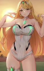 Rule 34 | 1girl, amayo thranana, blonde hair, breasts, chest jewel, gem, headpiece, highres, large breasts, long hair, mythra (radiant beach) (xenoblade), mythra (xenoblade), one-piece swimsuit, ribbed swimsuit, solo, strapless, strapless one-piece swimsuit, striped clothes, striped one-piece swimsuit, swept bangs, swimsuit, tiara, two-tone swimsuit, vertical-striped clothes, vertical-striped one-piece swimsuit, very long hair, white one-piece swimsuit, xenoblade chronicles (series), xenoblade chronicles 2, yellow eyes