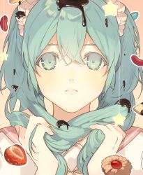 Rule 34 | 1girl, cats brain, chocolate, eyelashes, food, fruit, green eyes, green hair, hair between eyes, hatsune miku, holding, holding own hair, lol -lots of laugh- (vocaloid), melting, sailor collar, simple background, solo, star (symbol), strawberry, sweets, twintails, vocaloid