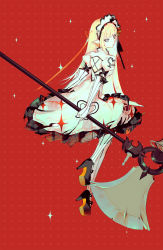Rule 34 | 1girl, amelia (mahou arms), axe, backless dress, backless outfit, battle axe, blonde hair, bow, chipped axe, chipped weapon, collar, crescent, dress, elbow gloves, elf, gloves, grey eyes, heart, high heels, highres, holding, holding axe, holding weapon, juliet sleeves, long hair, long sleeves, looking at viewer, looking back, mahou arms, maid headdress, official art, pointy ears, puffy sleeves, red background, softmode, solo, sparkle, striped clothes, striped gloves, vertical stripes, weapon, white dress