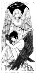 Rule 34 | 1boy, 1girl, angel wings, blood, bloody weapon, commentary, english commentary, feathered wings, flying nimbus, greyscale, grq6dmoxcogqxhj, haruno sakura, highres, holding, holding sword, holding weapon, knee up, looking at viewer, monochrome, naruto, naruto (series), short hair, spiked hair, sword, toga, uchiha sasuke, weapon, wings