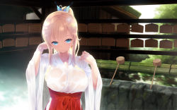 Rule 34 | 10s, 1girl, alternate costume, architecture, backlighting, bamboo, blonde hair, blue eyes, blush, boku wa tomodachi ga sukunai, breasts, building, butterfly hair ornament, cait aron, collarbone, dappled sunlight, dripping, east asian architecture, ema, hair ornament, hakama, hakama skirt, hand in own hair, highres, japanese clothes, kashiwazaki sena, large breasts, long hair, looking at viewer, miko, ponytail, red hakama, see-through, sidelocks, skirt, smile, solo, steam, sunlight, tree, tree shade, upper body, wallpaper, water, wet, wet clothes