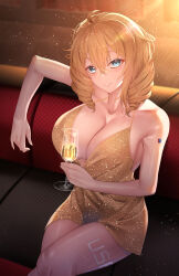 Rule 34 | 1girl, absurdres, ahoge, alternate costume, azur lane, bare shoulders, blonde hair, blue eyes, breasts, chicago (azur lane), cleavage, collarbone, commentary, couch, crossed legs, cup, dated commentary, drill hair, drinking glass, feet out of frame, gold dress, highres, holding, holding cup, huge breasts, large breasts, leg tattoo, looking at viewer, medium hair, misa pika, on couch, open mouth, parted lips, simple background, sitting, smile, solo, tattoo, thighs, wine glass