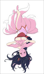 Rule 34 | 1girl, ahri (league of legends), animal ears, bare shoulders, barefoot, black hair, braid, dress, fox ears, fox tail, full body, hairline, heart, heart hands, highres, ieung-isegae, league of legends, long hair, looking at viewer, lying, on back, solo, strapless, strapless dress, tail, upside-down, white background, yellow eyes