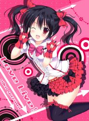 Rule 34 | 10s, 1girl, ;d, arrow (projectile), black hair, black thighhighs, bokura wa ima no naka de, bow, center frills, double m/, fingerless gloves, frilled thighhighs, frills, gloves, hair bow, highres, kurusu ren, looking at viewer, love live!, love live! school idol project, m/, nico nico nii, one eye closed, open mouth, red eyes, short hair, skirt, smile, solo, thighhighs, twintails, wink, yazawa nico