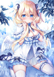 Rule 34 | 1girl, :&lt;, animal, blonde hair, blue eyes, blue footwear, blush, bow, bow panties, breasts, bug, butterfly, capelet, cleavage, closed mouth, commentary request, dress, feathered wings, frilled capelet, frilled dress, frilled panties, frills, hair between eyes, high heels, holding, holding own hair, insect, long hair, medium breasts, mini wings, mitsuba choco, original, panties, see-through, shoes, sitting, solo, thighhighs, twintails, underwear, very long hair, wariza, white capelet, white dress, white panties, white thighhighs, white wings, wings