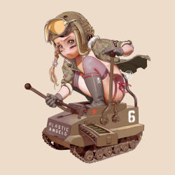 Rule 34 | 1girl, artist request, blush, boots, camouflage, flat chest, girl on top, helmet, highres, military, military vehicle, motor vehicle, riding, solo, tagme, tank, thighhighs, thighs, uniform