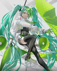 Rule 34 | 1girl, absurdly long hair, aqua eyes, aqua hair, asymmetrical bodysuit, black bodysuit, bodysuit, boots, breasts, bright pupils, closed mouth, covered navel, crop top, crop top overhang, cropped jacket, feet out of frame, flag, flagpole, flame print, gloves, goodsmile company, goodsmile racing, green gloves, hatsune miku, high heel boots, high heels, highres, holding, holding flag, holding pole, leg up, long hair, looking at viewer, pole, race queen, racing miku, racing miku (2022), single thigh boot, skindentation, smile, smiley face, solo, speaker, thigh boots, thighhighs, tsujieiri, twintails, very long hair, visor, vocaloid