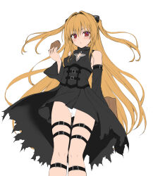 Rule 34 | 1girl, absurdres, bag, bare shoulders, black dress, black sleeves, blonde hair, blush, breasts, covered erect nipples, detached sleeves, dress, feet out of frame, food, hair intakes, hair ornament, hand up, highres, holding, holding food, konjiki no yami, long hair, panties, pantyshot, paper bag, small breasts, solo, standing, thigh strap, to love-ru, touchuu kasou, twintails, underwear