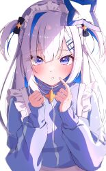 Rule 34 | 1girl, absurdres, amane kanata, black bow, blue hair, blue jacket, blush, bow, closed mouth, colored inner hair, finger to face, hair bow, hair ornament, hairclip, halo, highres, hololive, jacket, long hair, long sleeves, looking at viewer, maid headdress, multicolored hair, pout, purple eyes, shade, single hair intake, solo, t4n4k4 no yosei, track jacket, two side up, upper body, virtual youtuber, white background, white hair