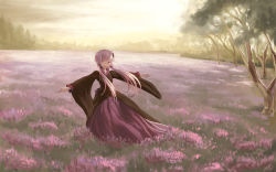 Rule 34 | 1girl, dress, field, flower, flower field, long sleeves, looking at viewer, open mouth, outstretched arms, pink eyes, pink hair, smile, solo, tree, twintails, vocaloid, voiceroid, wide sleeves, yamamomo (plank), yuzuki yukari