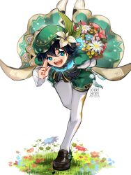 Rule 34 | 1boy, :d, androgynous, aqua eyes, artist logo, artist name, bent over, beret, black bow, black bowtie, black footwear, black hair, blue flower, blue hair, bouquet, bow, bowtie, braid, cape, commentary, english commentary, flower, full body, genshin impact, gradient hair, grass, green cape, green hat, green shorts, grey flower, hair between eyes, hand up, hat, hat flower, highres, holding, holding behind back, holding bouquet, instagram logo, leaf, long sleeves, looking at viewer, male focus, multicolored hair, open mouth, pantyhose, plant, ryrmcher, salute, shoes, short hair, shorts, side braids, smile, solo, standing, standing on one leg, streaked hair, twin braids, twitter logo, two-finger salute, venti (genshin impact), watermark, white background, white flower, white pantyhose, yellow flower