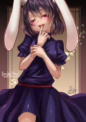 Rule 34 | 1girl, absurdres, alternate color, animal ears, black dress, black hair, blush, breasts, carrot necklace, character name, commentary request, cowboy shot, dated, dress, finger to tongue, floppy ears, hair between eyes, highres, inaba tewi, jewelry, looking at viewer, necklace, open mouth, rabbit ears, rabbit girl, red eyes, short hair, signature, small breasts, smile, solo, tongue, tongue out, touhou, yuuki hiyayako
