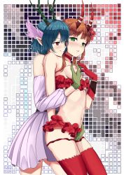 Rule 34 | 2girls, antlers, bandeau, bare shoulders, belt, black belt, blue hair, blush, breasts, brown hair, c (control), choker, claws, dress, fingering, flower, frilled bandeau, from side, grabbing, grabbing another&#039;s breast, grabbing from behind, green eyes, groping, hair between eyes, hair flower, hair ornament, head wings, highres, horns, lavender dress, long hair, mashu (control), medium breasts, microskirt, midriff, multiple girls, naughty face, navel, nipples, nose blush, panties, panty pull, parted lips, pointy ears, q (control), red bandeau, red choker, red eyes, red flower, red legwear, red panties, red skirt, revealing clothes, ruby suguri, short dress, short hair, skirt, standing, stomach, strapless, strapless dress, thighhighs, tube top, twintails, underwear, wings, yuri