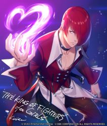 Rule 34 | 1boy, belt, choker, copyright name, fire, hair over one eye, heart, highres, kuren, male focus, open belt, pectoral cleavage, pectorals, purple fire, pyrokinesis, red eyes, red hair, solo, the king of fighters, yagami iori