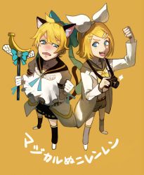 Rule 34 | 1boy, 1girl, animal ears, blue bow, blue ribbon, blush, bow, camera, camera around neck, cat boy, cat ears, embarrassed, fang, foreshortening, kagamine len, kagamine rin, magical nuko-lenlen (vocaloid), nose blush, nunosei, open mouth, ribbon, short shorts, shorts, simple background, vocaloid, white bow, yellow background, yellow theme
