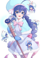 Rule 34 | 6+girls, absurdres, ahoge, alternate costume, animal ears, animal hat, aqua capelet, aqua headwear, aqua sleeves, back bow, blue bow, blue dress, blue footwear, blue gloves, blue headwear, blue mittens, blue shorts, bow, capelet, chibi, closed eyes, commentary request, dark blue gloves, dress, eel hat, fake animal ears, fang, fur-trimmed capelet, fur-trimmed dress, fur trim, gloves, gradient hair, hair between eyes, hair bow, hat, highres, holding, holding staff, large hat, leggings, light blue dress, long hair, long sleeves, looking ahead, looking at another, low-braided long hair, low-tied long hair, mittens, multicolored hair, multiple girls, multiple persona, neck ribbon, open mouth, otomachi una, pink capelet, pink dress, pink footwear, pink leggings, pink ribbon, pink trim, rabbit ears, rabbit hat, ribbon, shorts, smile, solo focus, sparkle, staff, star (symbol), striped bow, striped leggings, striped ribbon, suiso sn3, twintails, vertical-striped leggings, vocaloid, white background, white headwear, white leggings, white mittens, white trim