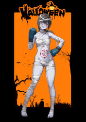 bandages barefoot boxing_gloves breasts colored_skin full_body grey_hair grey_skin grin halloween highres looking_at_viewer navel original red_eyes small_breasts smile stitches target yan_(situyan0303) zombie