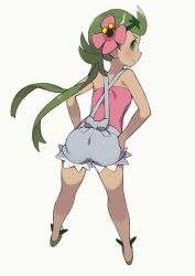 Rule 34 | 1girl, apron, ass, back, bad id, bad twitter id, bare shoulders, blush, creatures (company), dark-skinned female, dark skin, flower, flower on head, from behind, full body, game freak, green eyes, green hair, hair flower, hair ornament, hajime (hajime-ill-1st), hand on own hip, highres, legs, looking at viewer, looking back, mallow (pokemon), md5 mismatch, nintendo, pink shirt, pokemon, pokemon sm, resized, ribbon, shirt, short shorts, shorts, simple background, sleeveless, sleeveless shirt, smile, solo, standing, trial captain, twintails, white background