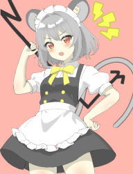 Rule 34 | 1girl, absurdres, animal ear fluff, animal ears, apron, black dress, blush, bow, bowtie, commentary, cowboy shot, dowsing rod, dress, grey hair, highres, lightning bolt symbol, looking at viewer, maid, maid headdress, mouse ears, mouse girl, mouse tail, nazrin, one-hour drawing challenge, open mouth, pink background, red eyes, shirokumall, short hair, short sleeves, simple background, solo, tail, touhou, white apron, yellow bow, yellow bowtie