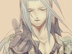 Rule 34 | 1990s (style), 1boy, closed eyes, final fantasy, final fantasy vii, gloves, grey hair, kyabetsu tarou, long hair, male focus, outstretched arm, sephiroth, solo