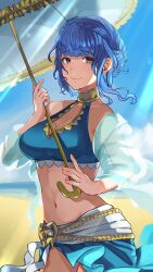 Rule 34 | 1girl, absurdres, beach, bikini, black eyes, blue bikini, blue hair, blue sky, braid, breasts, cleavage, closed mouth, cloud, commentary, commission, crown braid, day, english commentary, fire emblem, fire emblem: three houses, fire emblem heroes, floating hair, highres, holding, holding umbrella, looking at viewer, marianne von edmund, marianne von edmund (summer), medium breasts, misokatsuhaumai, navel, nintendo, ocean, official alternate costume, outdoors, parasol, sand, see-through, short hair, sidelocks, sky, smile, solo, stomach, sunlight, swimsuit, umbrella