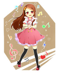 Rule 34 | 10s, 1girl, :d, brown eyes, brown hair, rabbit, buttons, dress, flower, frills, hair ornament, heart, idolmaster, idolmaster (classic), idolmaster 2, long hair, mary janes, minase iori, musical note, open mouth, red eyes, shoes, smile, stuffed animal, stuffed rabbit, stuffed toy, thighhighs