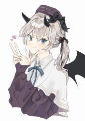 Rule 34 | 1girl, absurdres, black bow, blue eyes, bow, brown sleeves, closed mouth, commentary request, cropped torso, demon girl, demon horns, demon wings, fang, from side, grey hair, hair bow, heart, highres, horns, long hair, long sleeves, looking at viewer, original, purple headwear, shirt, simple background, sleeves past wrists, smile, solo, teraka1110, twintails, upper body, v, white background, white shirt, wings