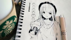 Rule 34 | 1girl, ahoge, beret, blurry, blush, commentary request, cup, depth of field, english text, greyscale, hair between eyes, hanecha1220, hat, highres, holding, holding cup, licking lips, long hair, marker, marker (medium), monochrome, photo (medium), smile, solo, split mouth, starbucks, sweater, tongue, tongue out, traditional media, upper body