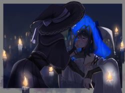 Rule 34 | 2girls, alternate costume, black capelet, black hair, blue eyes, blue hair, blush, border, candle, candlelight, capelet, ceres fauna, colored inner hair, commentary, dark background, detached sleeves, dress, eyelashes, facing another, glowing, green hair, grey border, grin, hair between eyes, hair intakes, hand on another&#039;s cheek, hand on another&#039;s face, hat, hat ribbon, highres, hololive, hololive english, looking at another, multicolored hair, multiple girls, ouro kronii, outside border, ribbon, short hair, smile, standing, virtual youtuber, witch, witch hat, yorobisan, yuri