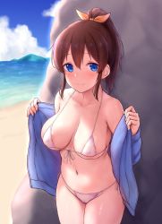 Rule 34 | 1girl, areola slip, bare legs, beach, bikini, blue eyes, blue jacket, blue sky, breasts, brown hair, cai geng, closed mouth, commentary request, day, hair between eyes, hair ornament, highres, idolmaster, idolmaster million live!, jacket, large breasts, looking at viewer, medium breasts, navel, ocean, open clothes, open jacket, outdoors, ponytail, rock, satake minako, side-tie bikini bottom, sidelocks, sky, smile, solo, standing, swimsuit, thighhighs, underboob, white bikini