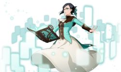 Rule 34 | 1girl, black hair, bleach, bleach: brave souls, bodskih, book, breasts, commentary, english commentary, feet out of frame, floating, floating book, floating object, glasses, ise nanao, long skirt, long sleeves, medium breasts, official art, parted lips, skirt, solo, teeth, transparent background