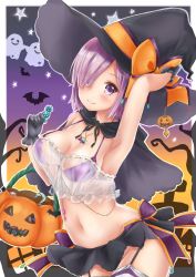 Rule 34 | 1girl, alternate costume, bat (animal), black hat, blush, bow, bra, breasts, cleavage, commentary, commentary request, fang, fate/grand order, fate (series), hair over one eye, halloween, hat, highres, holding, jack-o&#039;-lantern, jewelry, large bow, looking at viewer, mash kyrielight, medium breasts, mikujin (mikuzin24), navel, necklace, orange bow, pumpkin, purple bra, purple eyes, purple hair, ribbon, see-through, short hair, skirt, smile, solo, underwear, witch hat