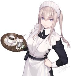 Rule 34 | 1girl, 2019, alternate costume, apron, black dress, blonde hair, blue eyes, breasts, buttons, closed mouth, coffee mug, collared dress, cup, dated, dress, enmaided, graf zeppelin (kancolle), hand on own hip, kantai collection, large breasts, long sleeves, looking at viewer, maid, mug, rokuwata tomoe, sidelocks, simple background, smile, solo, steam, sugar bowl, tray, twintails, twitter username, upper body, white apron, white background