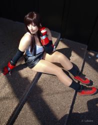 Rule 34 | breasts, cleavage, cosplay, final fantasy, final fantasy vii, fingerless gloves, gloves, highres, k-a-n-a, large breasts, long hair, miniskirt, photo (medium), skirt, square enix, suspenders, tank top, tifa lockhart, tifa lockhart (cosplay), very long hair