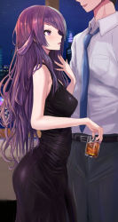 Rule 34 | 1boy, 1girl, bare arms, bare shoulders, belt, black belt, black dress, black pants, blue necktie, breasts, collared shirt, commentary, commentary request, dress, drink, earrings, from side, highres, idolmaster, idolmaster shiny colors, jewelry, long hair, long sleeves, looking at another, medium breasts, necktie, pants, parted lips, purple eyes, purple hair, shirt, sleeveless, sleeveless dress, smile, solo focus, tanaka mamimi, toho (kihon ha yappa), white shirt